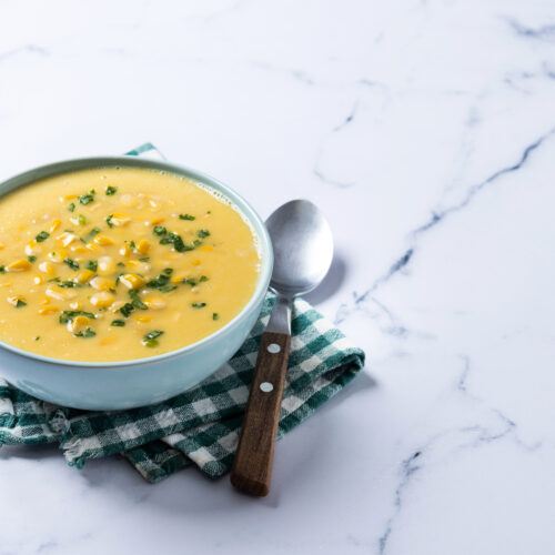 corn with basil soup - recipe - postpartum soups and stews collection - fourth trimester podcast