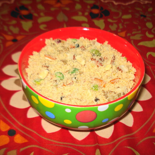 Postpartum panjiri recipe served in a bowl with nuts and ghee-roasted ingredients